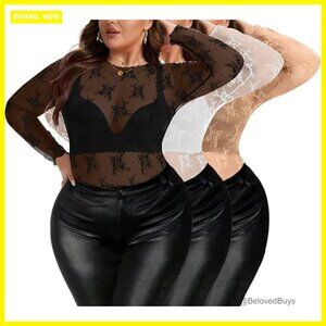 Plus Size Lace Mesh Top Sheer Long Sleeve Mock Neck Blouse